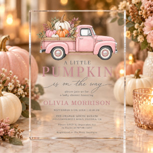 Herfst Kleine Pompoen Roze Truck Meisje Baby Showe Acryl Uitnodigingen