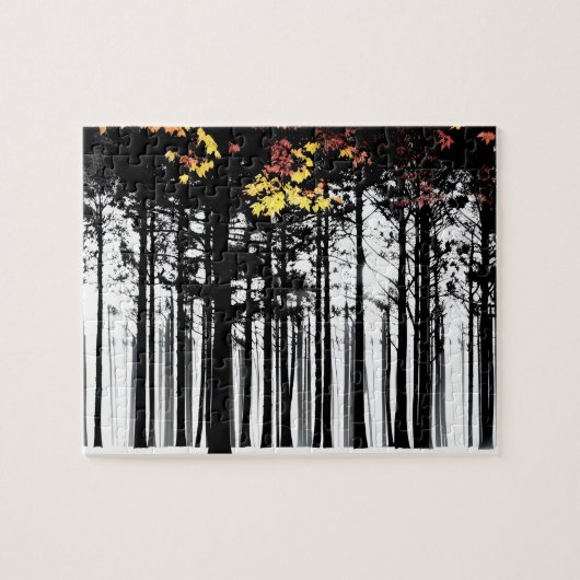 Herfst Kleur Splashes op Zwarte Silhouet Bomen Legpuzzel (Horizontaal)