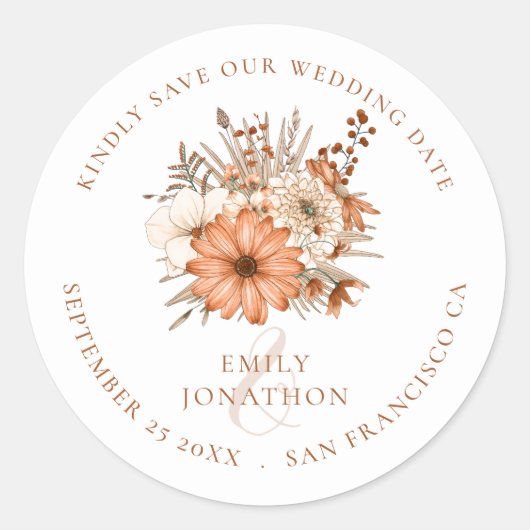 Herfst Kleuren Bloemen Bruiloft Save The Date Ronde Sticker (Voorkant)