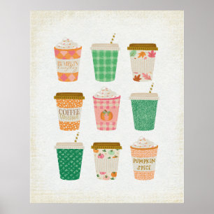Herfst koffiekopjes   herfst pompoen kruiden latte poster