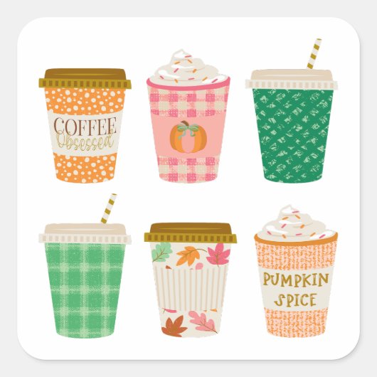 Herfst koffiekopjes | herfst pompoen kruiden latte vierkante sticker (Voorkant)
