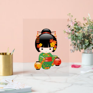 Herfst Kokeshi Doll - Green Kimono Geisha Girl Acryl Bord