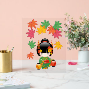 Herfst Kokeshi Doll - Green Kimono Geisha Girl Acryl Bord