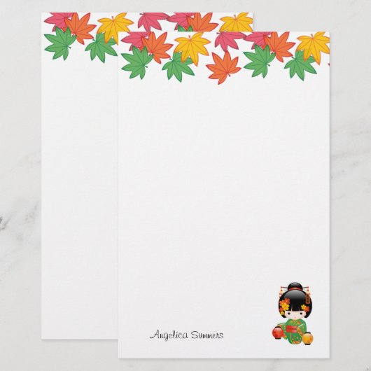 Herfst Kokeshi Doll - Green Kimono Geisha Girl Briefpapier (Voorkant / Achterkant)