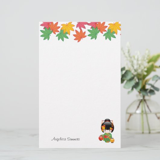 Herfst Kokeshi Doll - Green Kimono Geisha Girl Briefpapier (Staand voorkant)