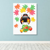Herfst Kokeshi Doll - Green Kimono Geisha Girl Canvas Afdruk (Insitu (Houten vloer))