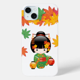 Herfst Kokeshi Doll - Green Kimono Geisha Girl iPhone 15 Mini Hoesje