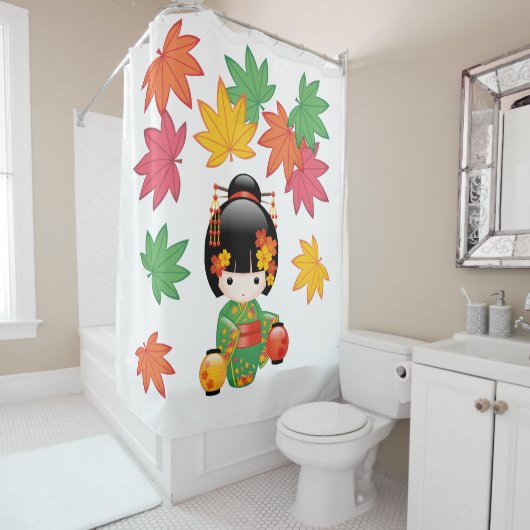 Herfst Kokeshi Doll Green Kimono Geisha Girl Douchegordijn (In situ)