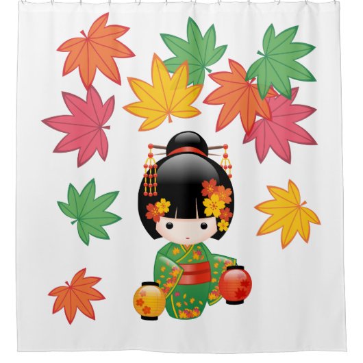 Herfst Kokeshi Doll Green Kimono Geisha Girl Douchegordijn (Voorkant)