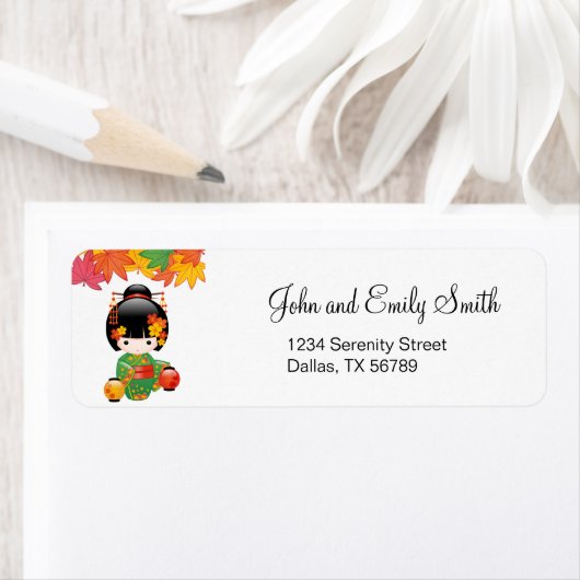 Herfst Kokeshi Doll - Green Kimono Geisha Girl Etiket (Insitu)