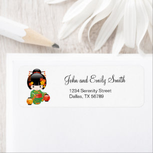 Herfst Kokeshi Doll - Green Kimono Geisha Girl Etiket