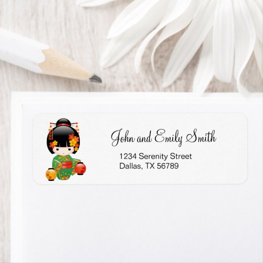 Herfst Kokeshi Doll - Green Kimono Geisha Girl Etiket (Insitu)