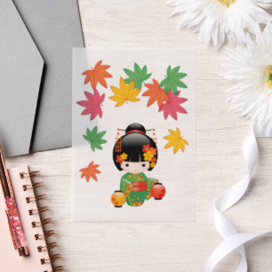 Herfst Kokeshi Doll Green Kimono Geisha Girl Inser Vellum Uitnodigingen