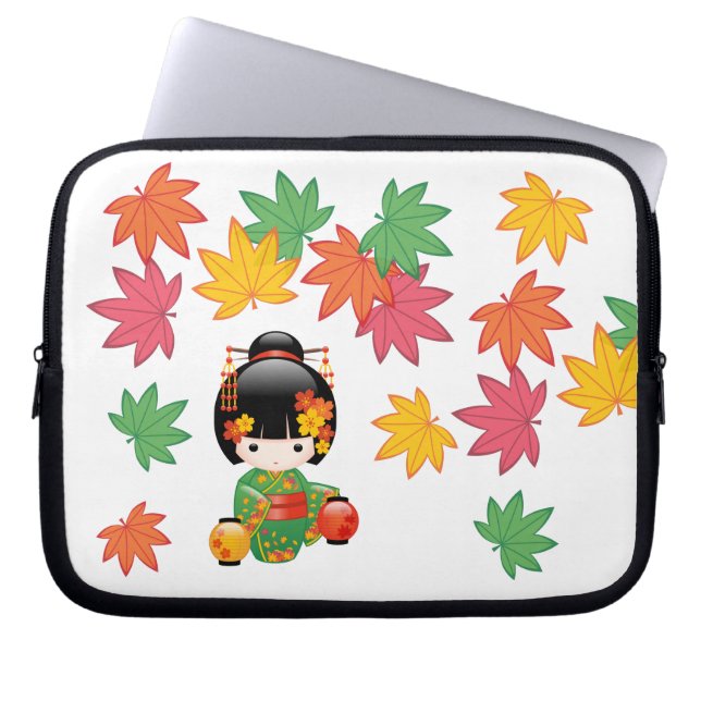 Herfst Kokeshi Doll - Green Kimono Geisha Girl Laptop Sleeve (Voorkant)