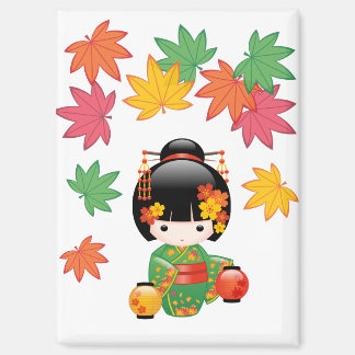 Herfst Kokeshi Doll Green Kimono Geisha Girl Magneet