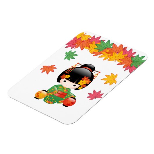 Herfst Kokeshi Doll - Green Kimono Geisha Girl Magneet (Linkerzijde)