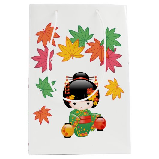 Herfst Kokeshi Doll - Green Kimono Geisha Girl Medium Cadeauzakje (Voorkant)