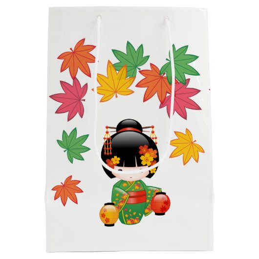 Herfst Kokeshi Doll - Green Kimono Geisha Girl Medium Cadeauzakje (Achterkant)