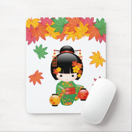 Herfst Kokeshi Doll - Green Kimono Geisha Girl Muismat
