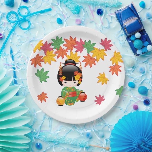 Herfst Kokeshi Doll - Green Kimono Geisha Girl Papieren Bordje (Feest)