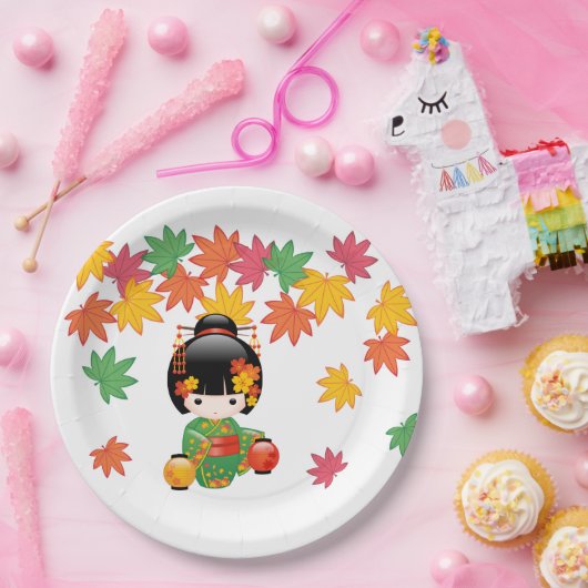 Herfst Kokeshi Doll - Green Kimono Geisha Girl Papieren Bordje (Feest)