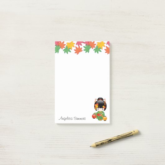 Herfst Kokeshi Doll - Green Kimono Geisha Girl Post-it® Notes (Op bureau)