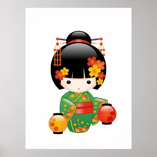 Herfst Kokeshi Doll - Green Kimono Geisha Girl Poster (Voorkant)