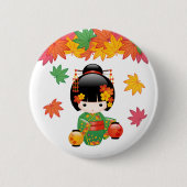 Herfst Kokeshi Doll - Green Kimono Geisha Girl Ronde Button 5,7 Cm (Voorkant)