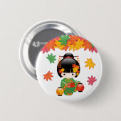 Herfst Kokeshi Doll - Green Kimono Geisha Girl Ronde Button 5,7 Cm (Voorkant /achterkant)