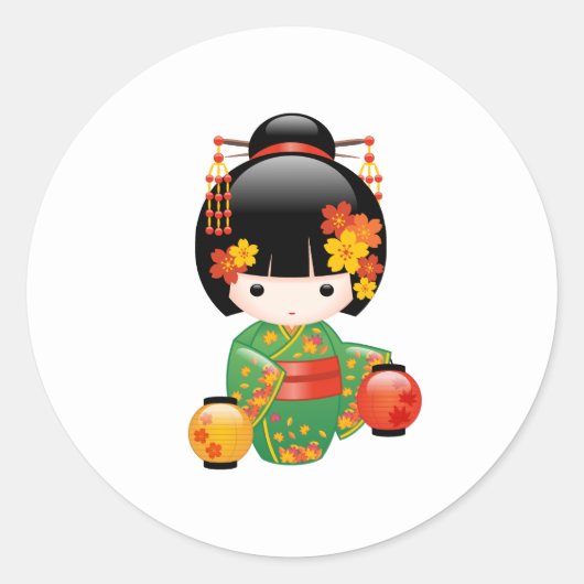 Herfst Kokeshi Doll - Green Kimono Geisha Girl Ronde Sticker (Voorkant)