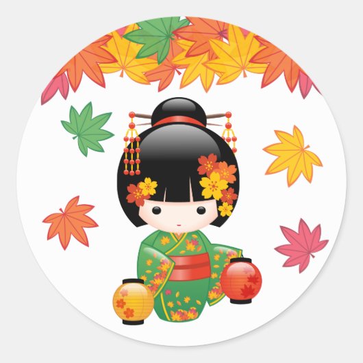 Herfst Kokeshi Doll - Green Kimono Geisha Girl Ronde Sticker (Voorkant)