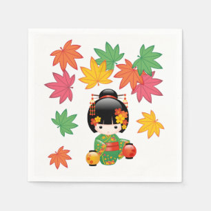 Herfst Kokeshi Doll - Green Kimono Geisha Girl Servet