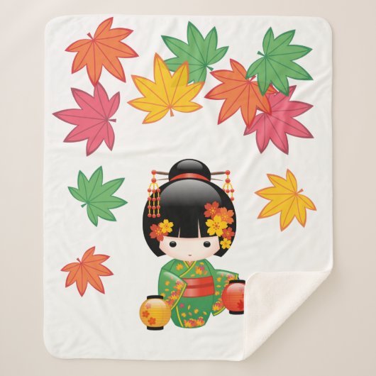 Herfst Kokeshi Doll - Green Kimono Geisha Girl Sherpa Deken (Voorkant)