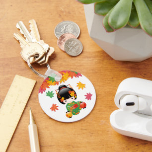 Herfst Kokeshi Doll - Green Kimono Geisha Girl Sleutelhanger