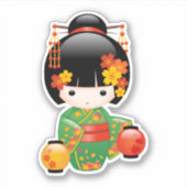Herfst Kokeshi Doll - Green Kimono Geisha Girl Sticker (Voorkant)