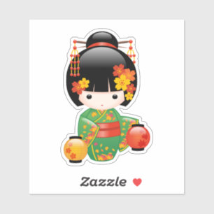 Herfst Kokeshi Doll - Green Kimono Geisha Girl Sticker