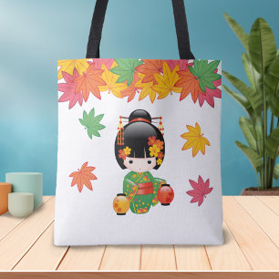 Herfst Kokeshi Doll - Green Kimono Geisha Girl Tote Bag