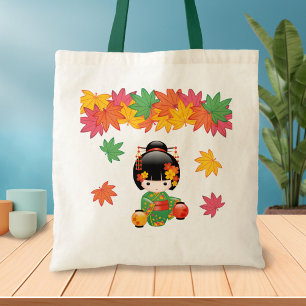 Herfst Kokeshi Doll - Green Kimono Geisha Girl Tote Bag