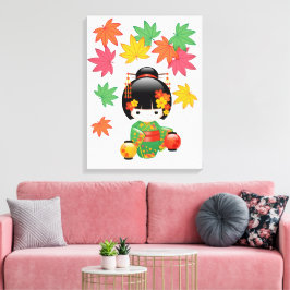 Herfst Kokeshi-pop - Geisha-meisje in groene kimon Canvas Afdruk
