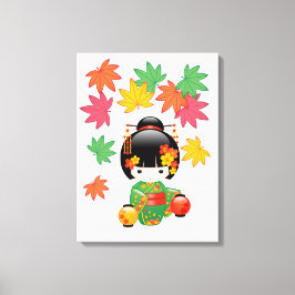Herfst Kokeshi-pop - Geisha-meisje in groene kimon Canvas Afdruk