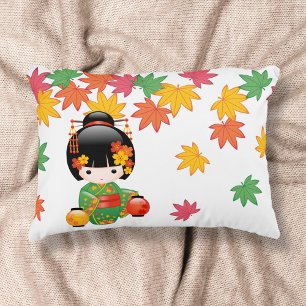 Herfst Kokeshi-pop - Geisha-meisje in groene kimon Decoratief Kussen