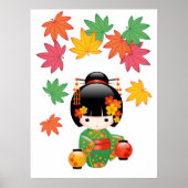 Herfst Kokeshi-pop - Geisha-meisje in groene kimon Poster (Voorkant)