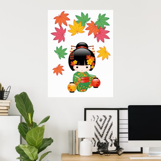 Herfst Kokeshi-pop - Geisha-meisje in groene kimon Poster (Thuiskantoor)
