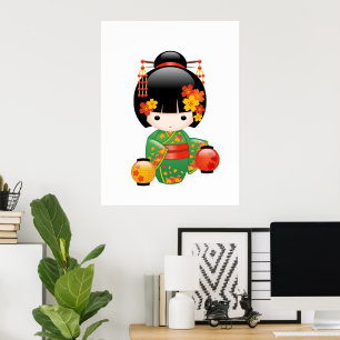 Herfst Kokeshi-pop - Groene Kimono Geisha-meisje Poster