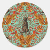 Herfst konijn op lichtgroen ronde sticker (Voorkant)