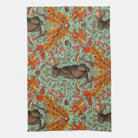 Herfst konijn op lichtgroen theedoek (Verticaal)