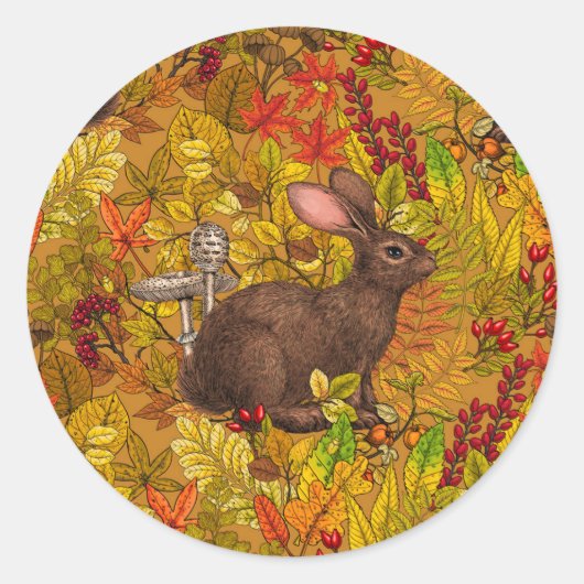Herfst Konijn op oker Ronde Sticker (Voorkant)