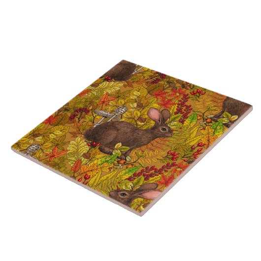 Herfst Konijn op oker Tegeltje (Zijkant)