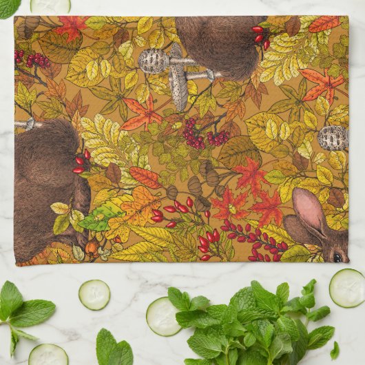 Herfst Konijn op oker Theedoek (Gevouwen)