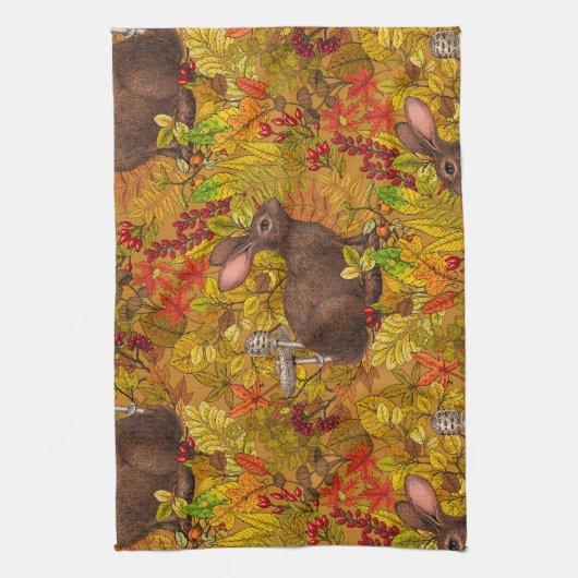 Herfst Konijn op oker Theedoek (Verticaal)